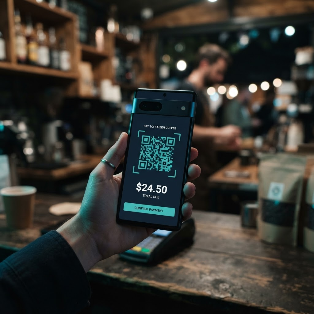 A vendor holding a phone that displays an EYAPAY QR code for a $24.50 payment at a coffee stall