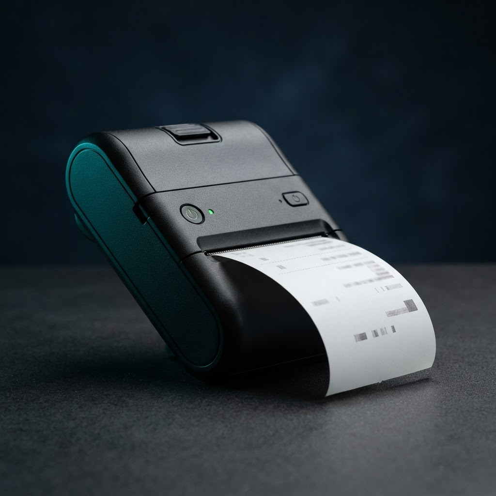 A compact black Bluetooth thermal receipt printer producing a paper receipt